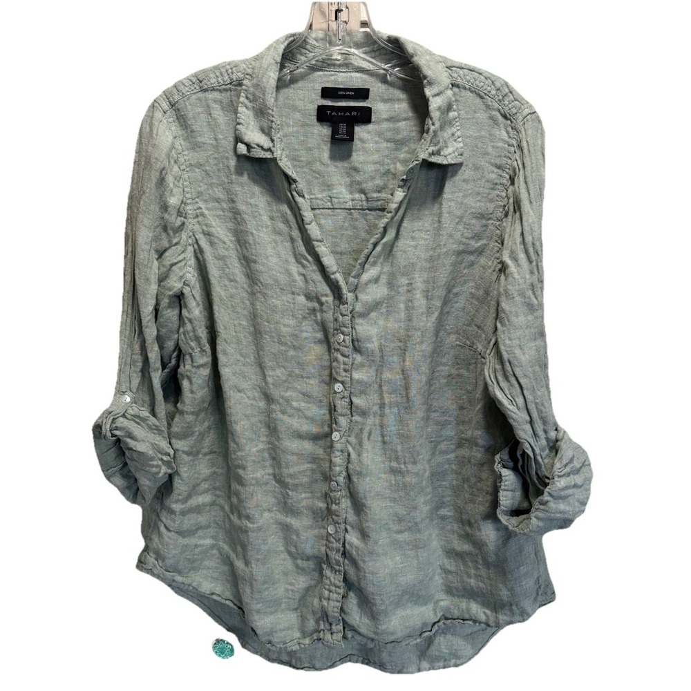 Tahari Light Sage Green Linen Button-Down Shirt